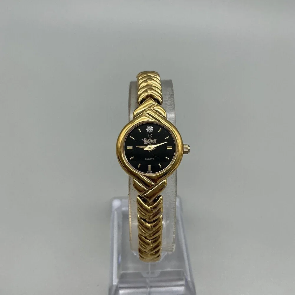 Paul Monet 2164 Womens Watch 19mm Black Dial Gold Tone Crystal New Battery 7.25